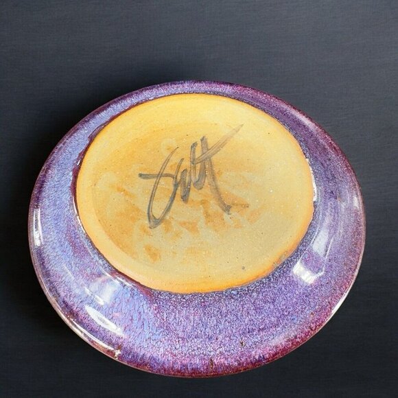 Hand Made Vintage Pottery Dish Tray With Handles Purple Drip Glaze Artist Signed - Picture 3 of 15